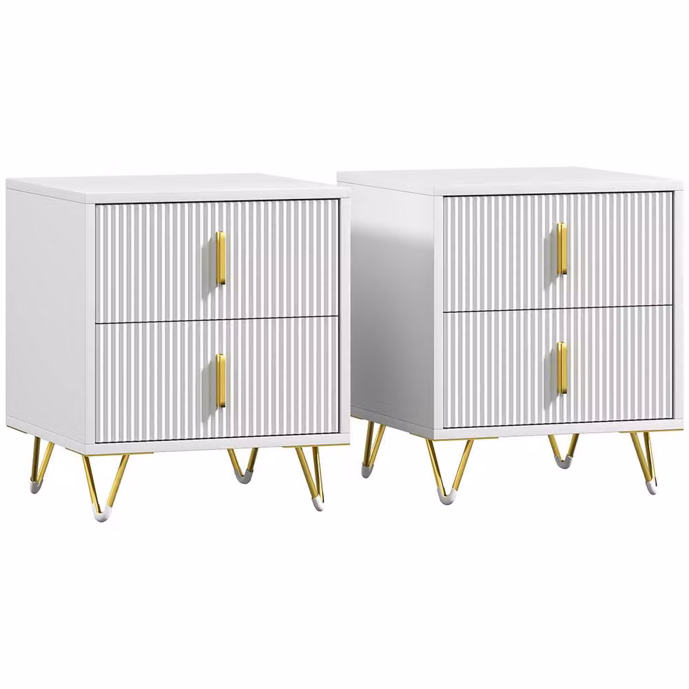 HOMCOM Set of 2 Modern Fluted White and Gold Bedside Tables for your Bedroom – 2