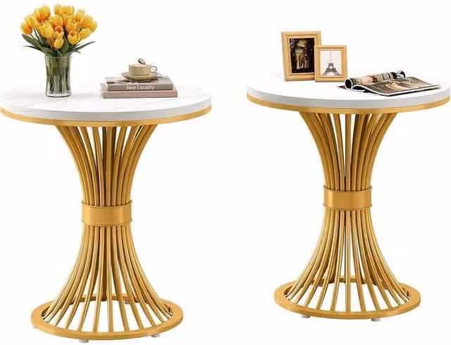 VOGREX Modern Round Faux Marble Side Table with Gold Metal Base in White, W/D/H: 50 x 50 x 60 cm