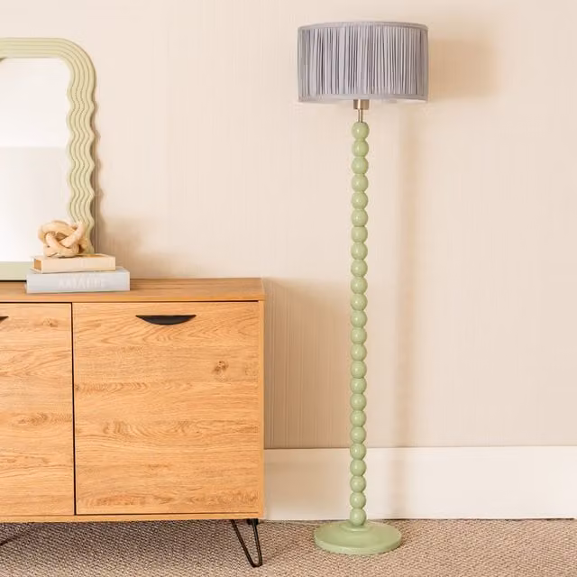 Bobbins Sage Floor Lamp with Blue Ruched Drum Shade
