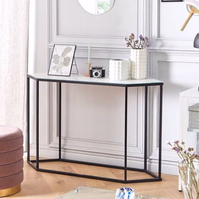 Wyld and Coco Modern Marble Effect Tempered Glass Console Table with Black Metal Frame, White and Black – 1