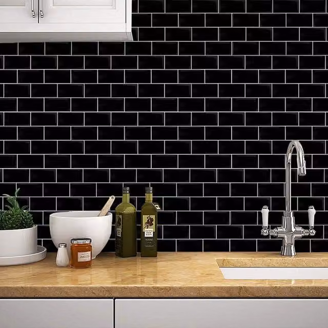Livingandhome 10-Piece Black 3D Brick Effect Peel and Stick Backsplash Tiles