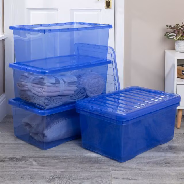 Wham Crystal Stackable Plastic Storage Boxes with Lids, 45 l, Set of 5, Spectrum Blue
