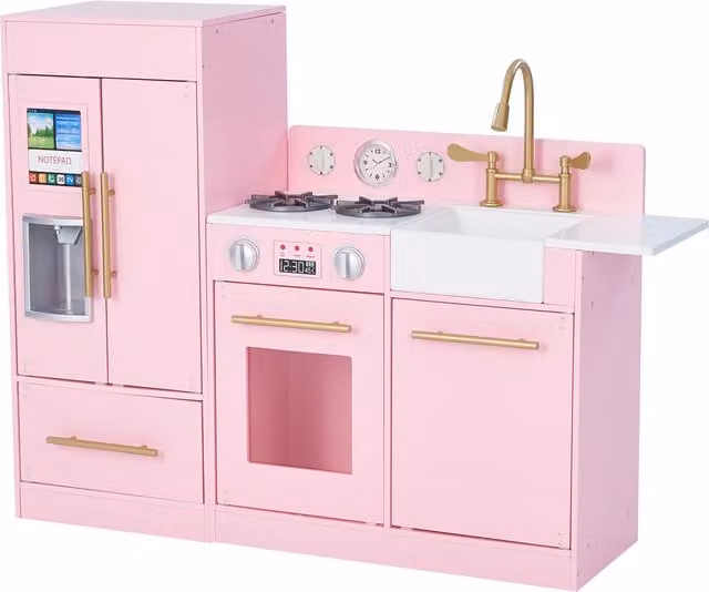 Teamson Kids Little Chef Charlotte Wooden Play Kitchen and Refrigerator Set in Pink and Gold