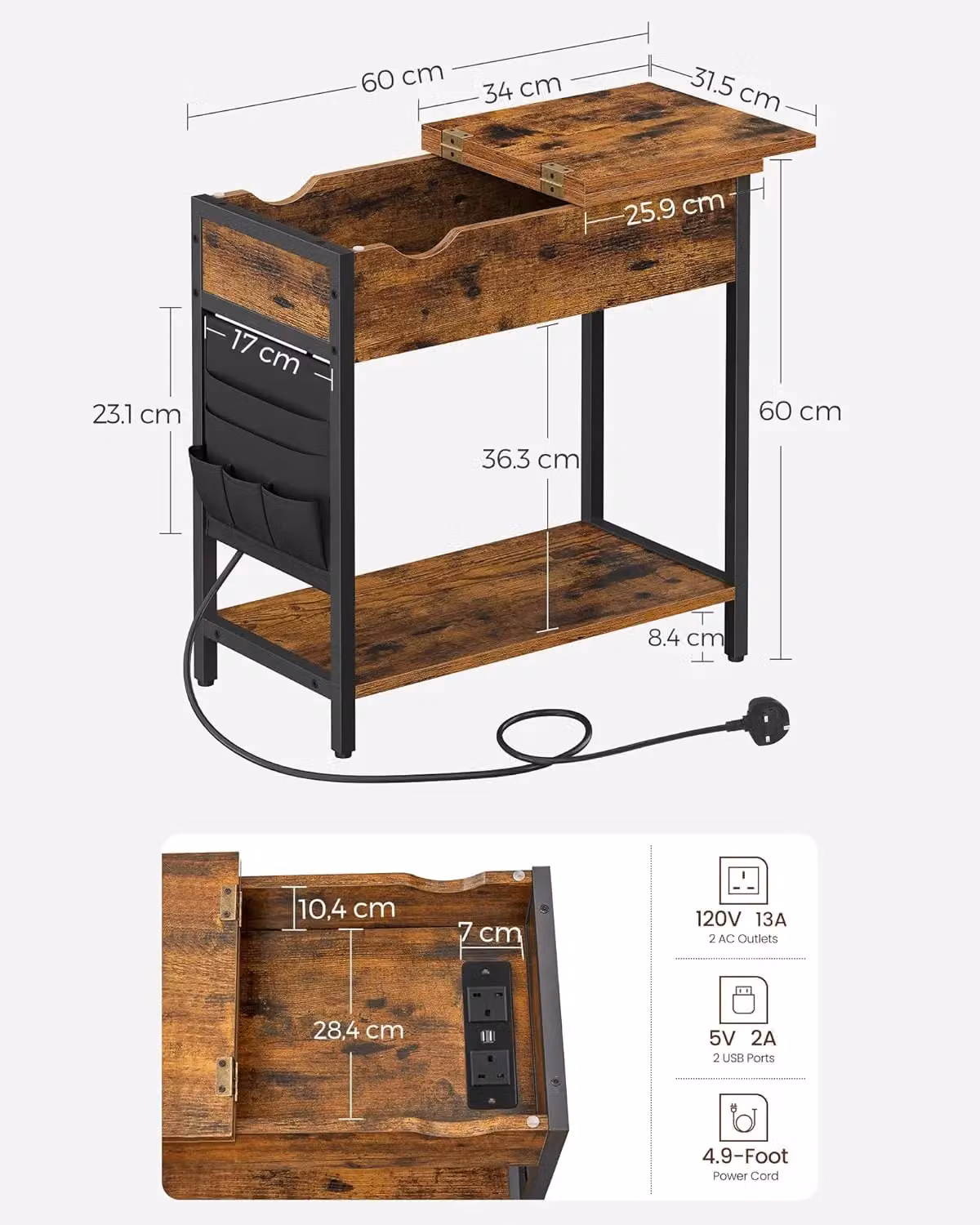 VASAGLE Modern Slim Side Table with Charging Station and USB Ports in Brown – 2
