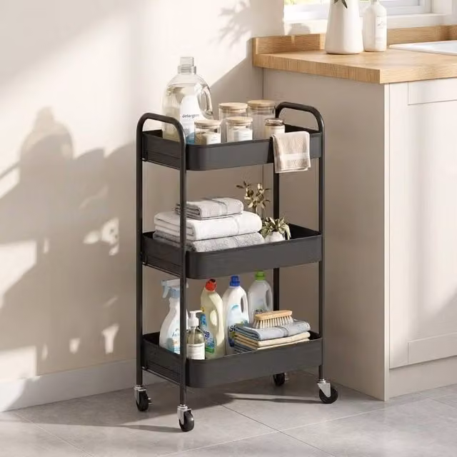 STILVORA Metal Steel Storage Trolley with 3 Baskets in Black, H 79.0 x W 30.6 x D 30.6 cm
