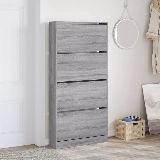 Berkfield Home Modern Grey Shoe Cabinet with 4 Tilting Compartments W/D/H: 80 x 21 x 163.5 cm