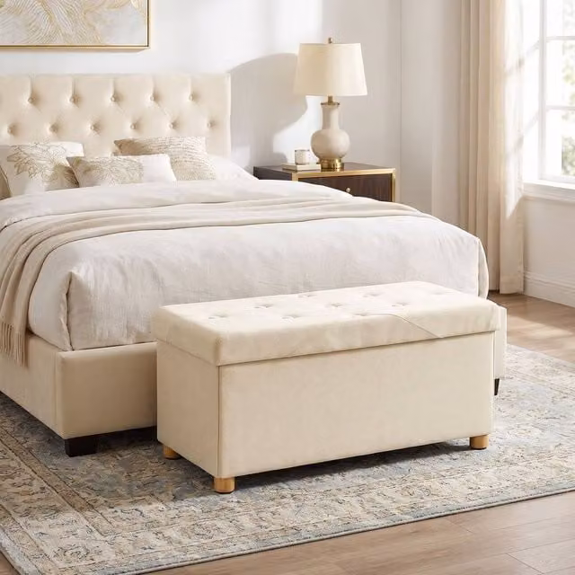 KORVIXA Cream White Storage Ottoman Bench with Beige Upholstered Frame and Wood Legs, W/D/H: 100 x 100 x 100 cm