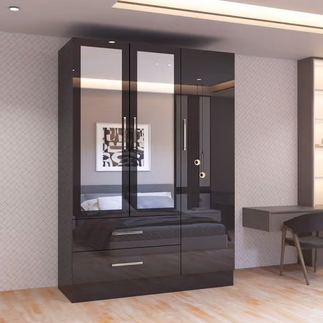 Sliding Wardrobes 4 u Modern Glossy Black Hinged Door Wardrobe with Mirror, Width: 116 cm