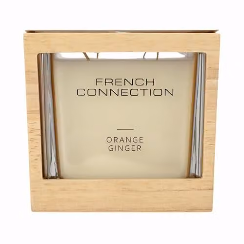 French Connection Orange Ginger Scented Candle with Brown Wooden Surround, 495g – 1
