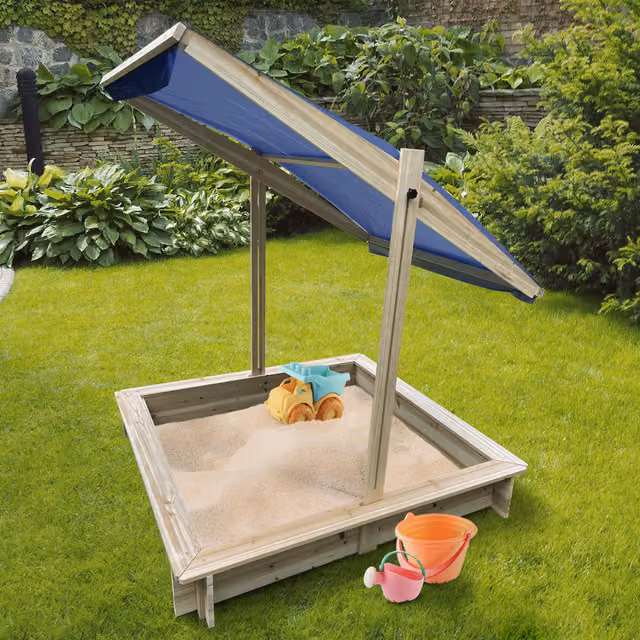 BillyOh Wooden Sandpit with Canopy Roof in Brown and Blue