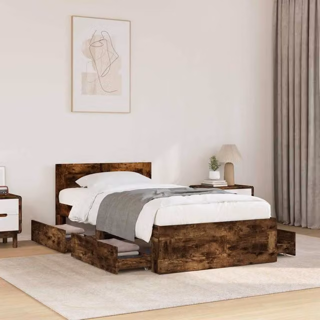 Berkfield Home Smoked Oak Bed Frame with Headboard in Brown, W/D/H: 80 x 200 cm – 1