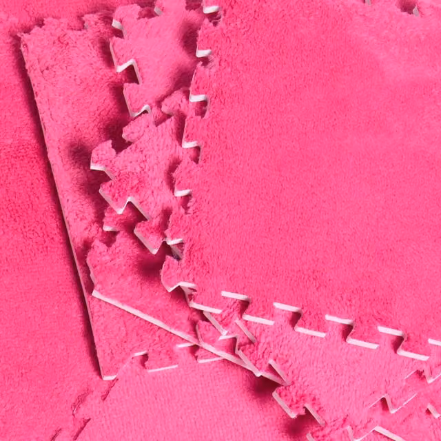 OHS 9 Piece Interlocking Faux Fur Teddy Tiles for Childrens Rooms in Hot Pink