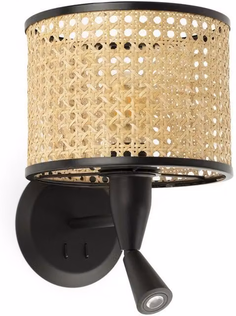 Faro Mambo Black Rattan Cylinder Wall Reading Light with E27 Socket