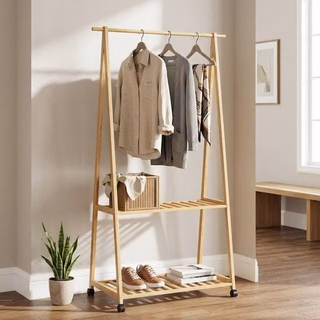 STILVORA Bamboo Clothes Rack with Shelves and Hooks in Natural Brown – 1