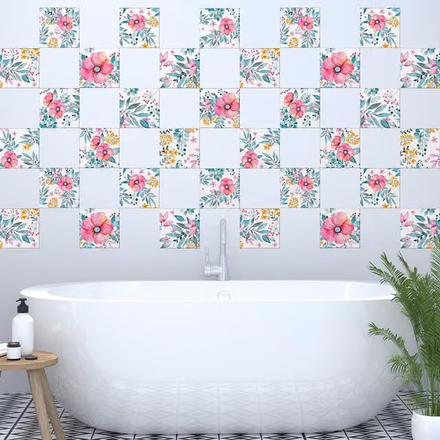 Walplus Pink Floral Adhesive Square Wall Tile Stickers, 15 x 15 cm, 24 Pack