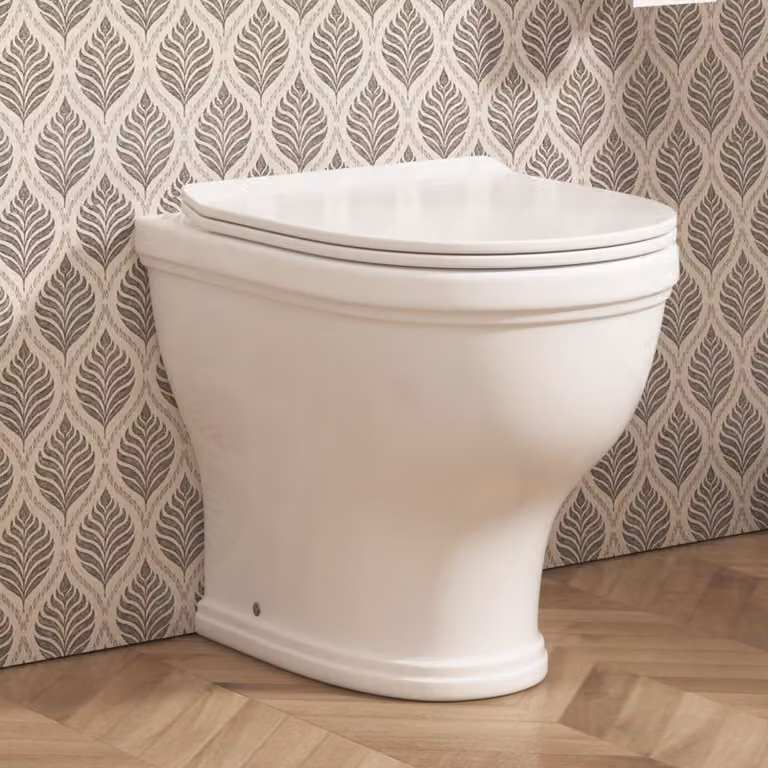 Royal Bathrooms Venice Short Projection Back To Wall Rimless Round Toilet Pan with Slim Soft Close Seat, White