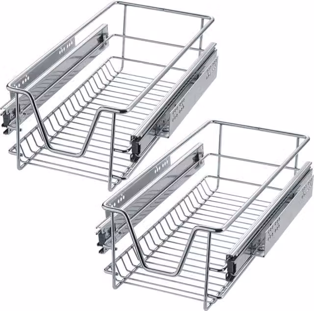 TECTAKE 2 Sliding Metal Wire Baskets with Drawer Slides, Grey and Silver, Width: 30 cm