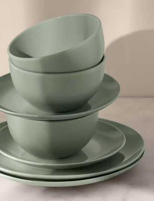 M&S 12 Piece Sage Green Stoneware Everyday Dinner Set