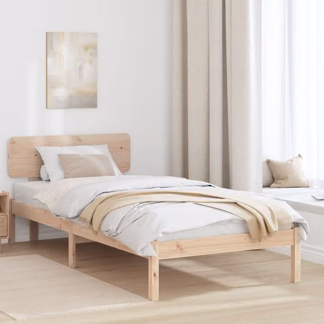Berkfield Home Solid Pine Wood Bed Frame with Headboard, Beige, W/D/H: 90 x 190 cm