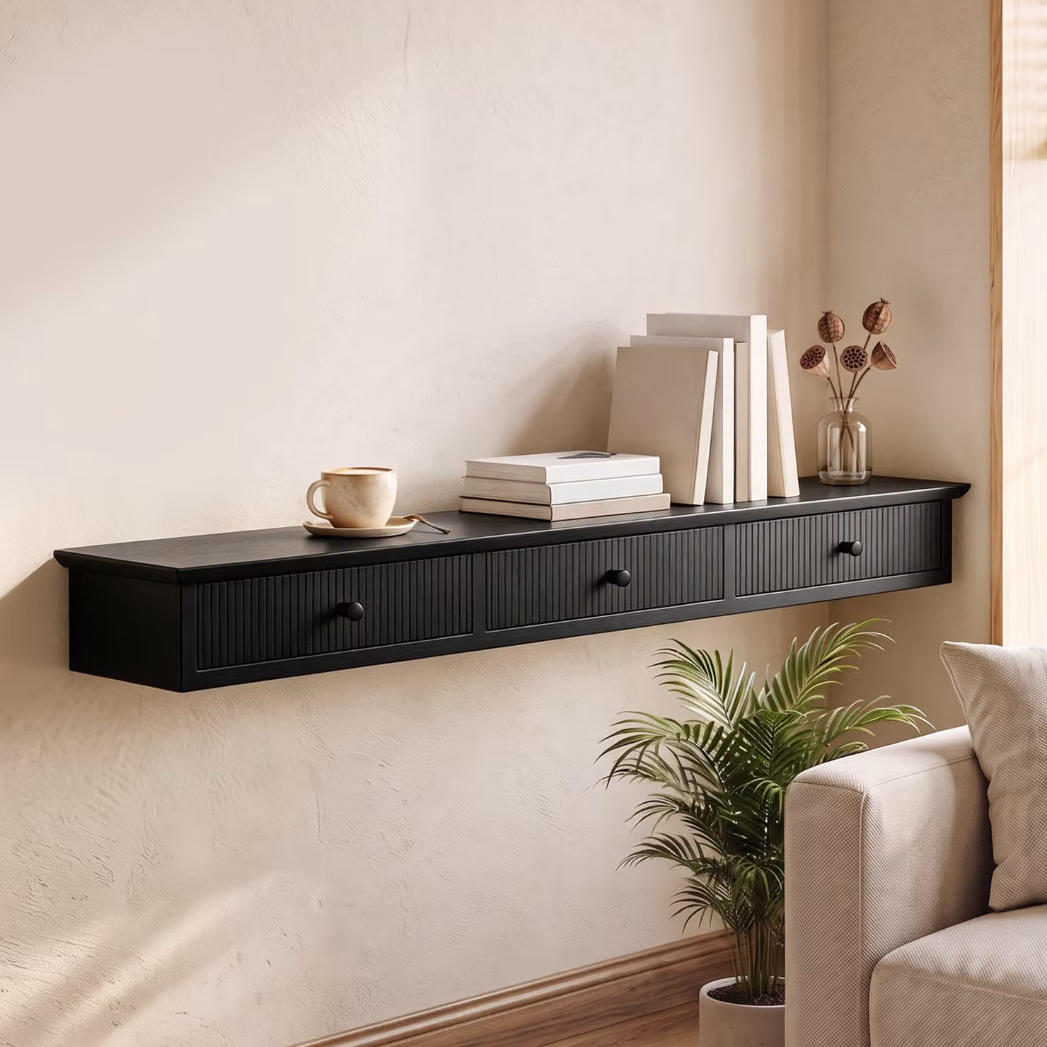 HOMCOM Black MDF Wall-Mounted Storage Shelf, W: 93 cm, D: 15 cm, H: 10 cm – 8