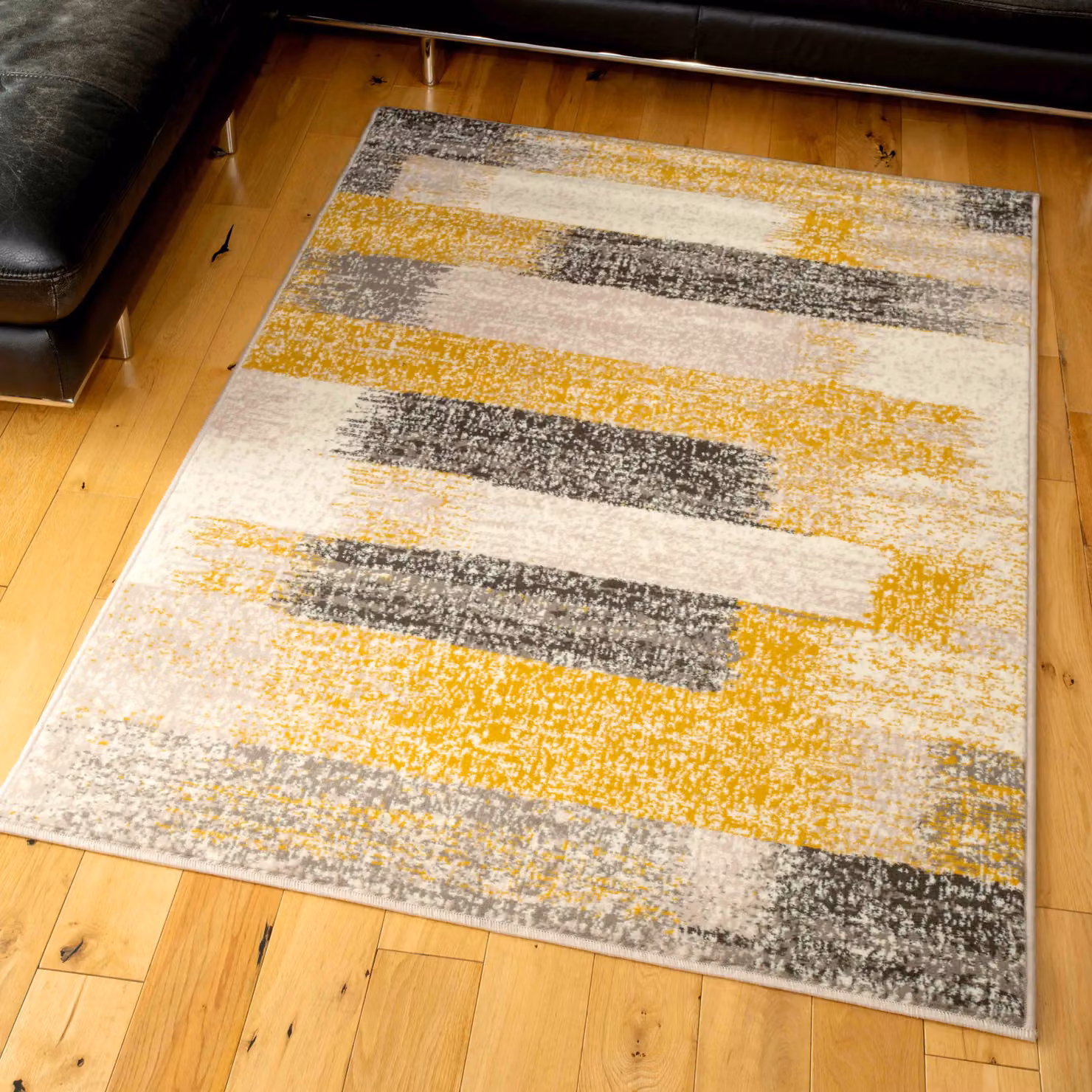 Kukoon Yellow Ochre and Grey Distressed Striped Geometric Patchwork Living Room Area Rug, W: 120 cm, L: 170 cm – 4