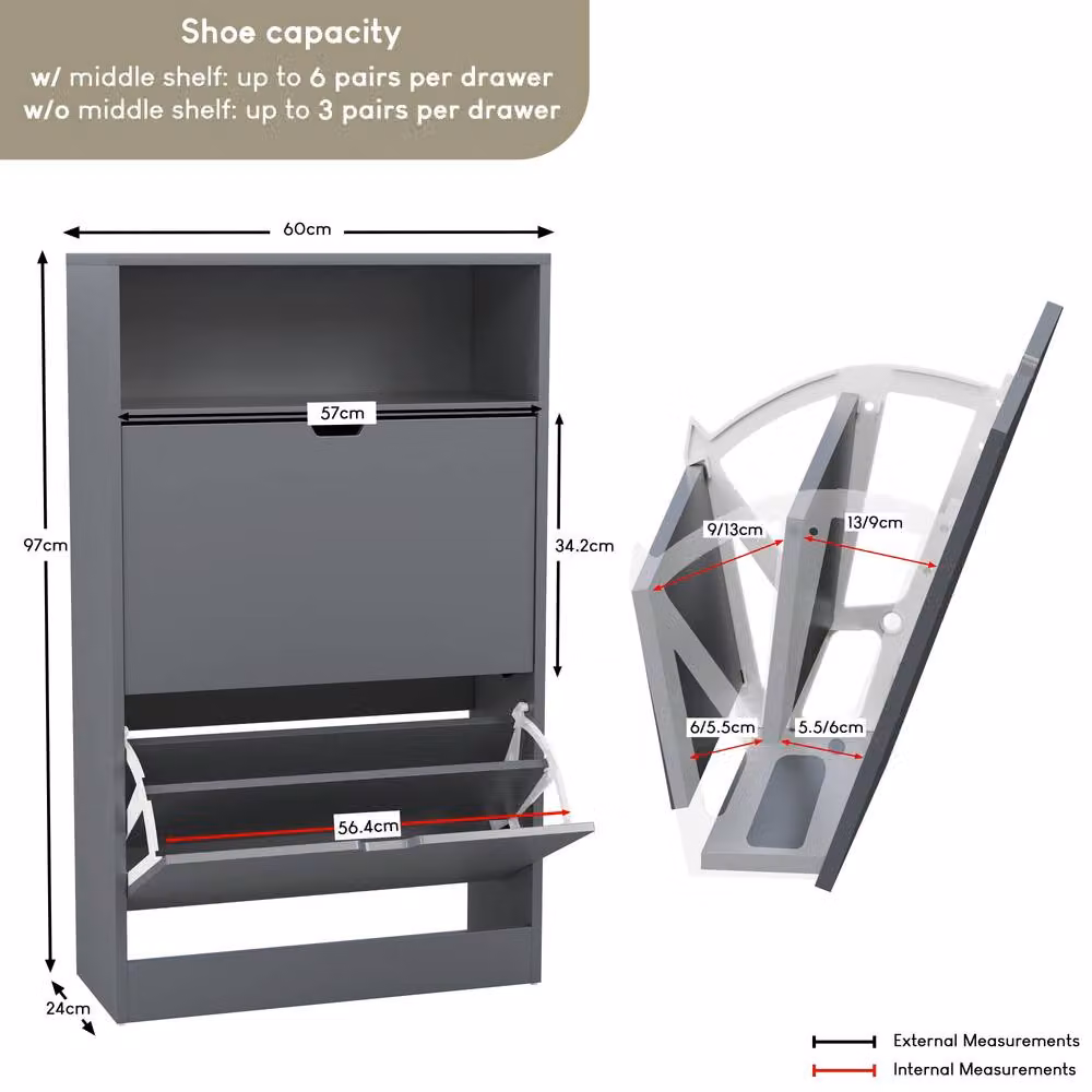 Vida Designs Modern Grey 2 Drawer Shoe Cabinet with Tilting Compartments and Open Shelf Space – 2