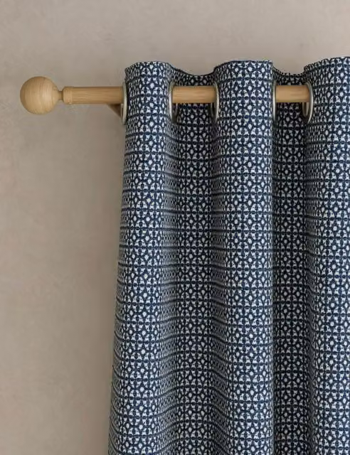 M&S Navy Blue Chenille Geometric Eyelet Thermal Insulating Opaque Curtains H: 229 cm x W: 168 cm