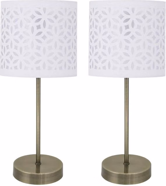 First Choice Lighting Set of 2 Antique Brass Stick Table Lamps with White Fabric Shades in Bronze