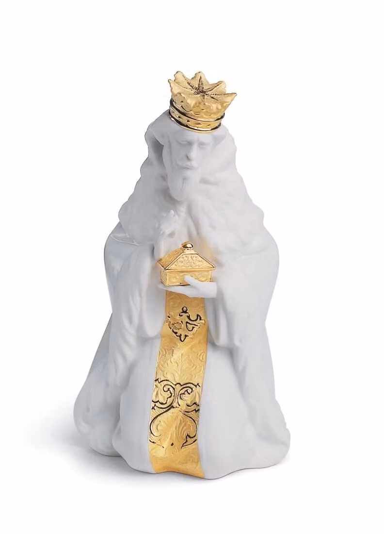 Lladró King Gaspar Nativity Porcelain Figurine in Gold and White
