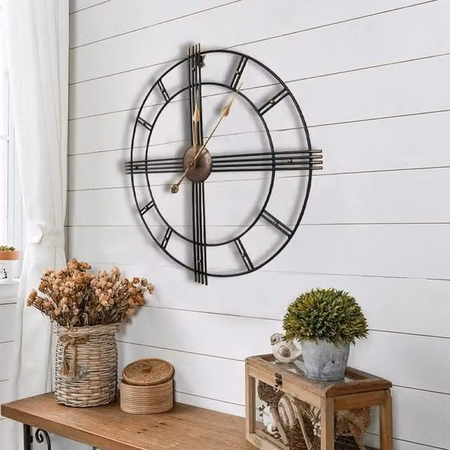 EONLION Black Round Metal Skeleton Wall Clock with Numerals, Diameter: 100 cm – 1