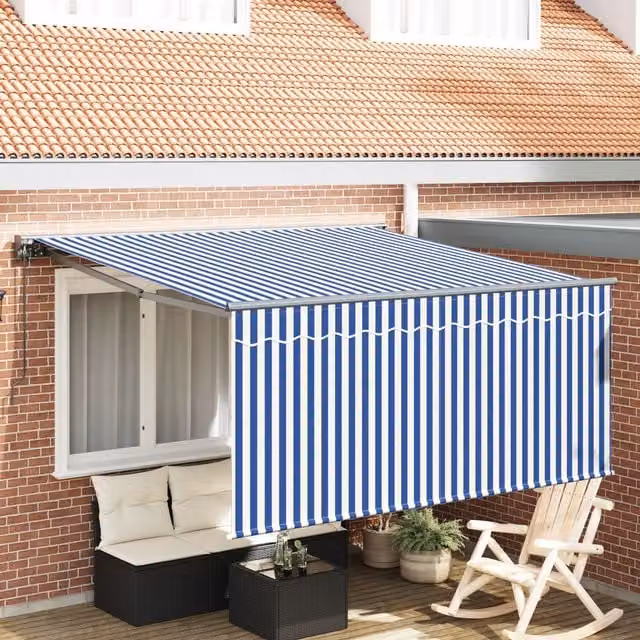 Berkfield Home Manual Retractable Striped Awning in Blue and White, W: 350 cm, D: 250 cm – 1