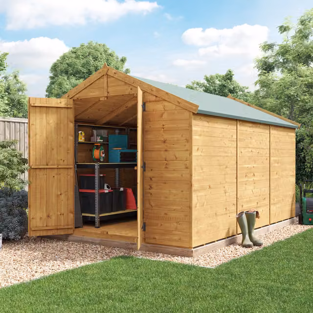BillyOh Keeper Overlap Apex Wooden Shed in Brown, W: 365.76 cm, D: 365.76 cm, H: 243.84 cm