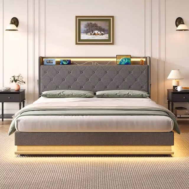 Merax Grey Upholstered 5ft King Ottoman Bed with LED Lighting and USB Charging Port, W/D/H: 180 x 200 cm – 1