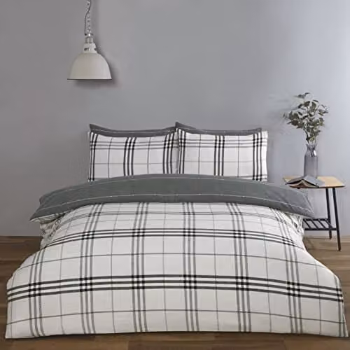Rapport Home Harris Check Grey Microfibre Single Bedding Set, Reversible Duvet Cover and Pillowcase, W/D/H: 135 x 200 cm and 50 x 75 cm