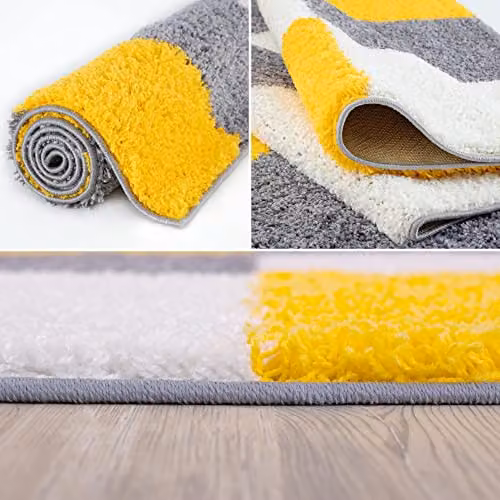 THE RUGS Modern Checked Shaggy Area Rug in Yellow and Grey, W/D/H: 110 x 60 x 3 cm – 5