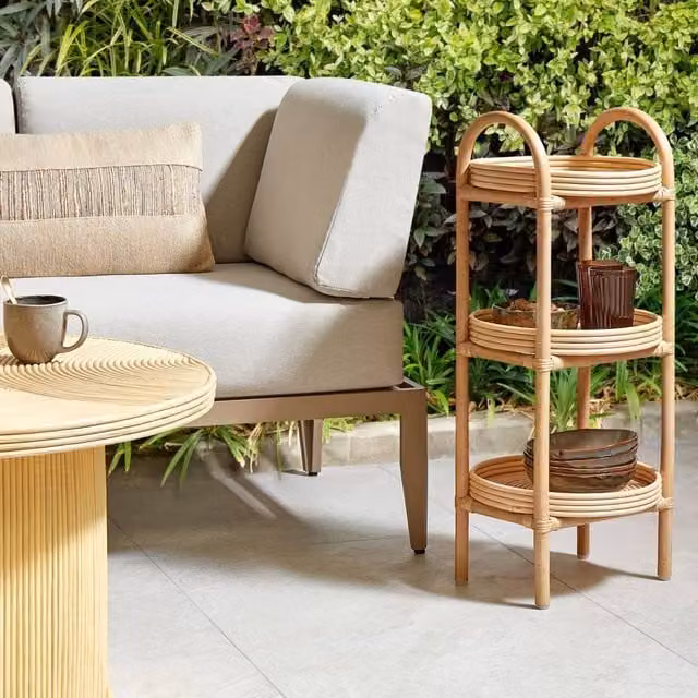 Wyld and Coco 3-Tier Round Rattan Side Table in Beige and Sand, W/D/H: 32 x 32 x 78 cm – 1
