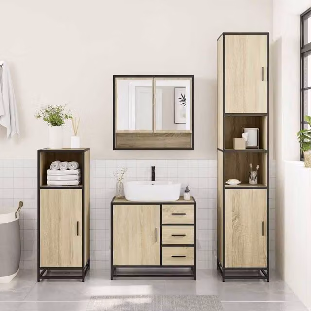 Berkfield Home 3 Piece Industrial Bathroom Furniture Set in Beige with Mirror Cabinet, Vanity Unit and Tall Cabinet – 1