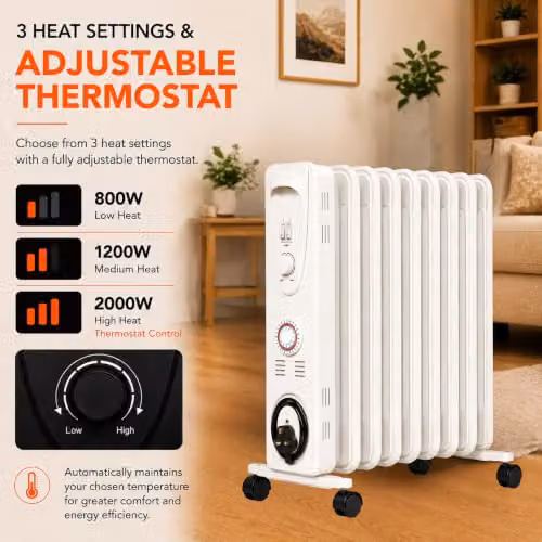 MYLEK 2000W Oil Filled Radiator with Adjustable Thermostat and 24 Hour Timer, White, H 63 cm x W 39 cm x D 39 cm – 2