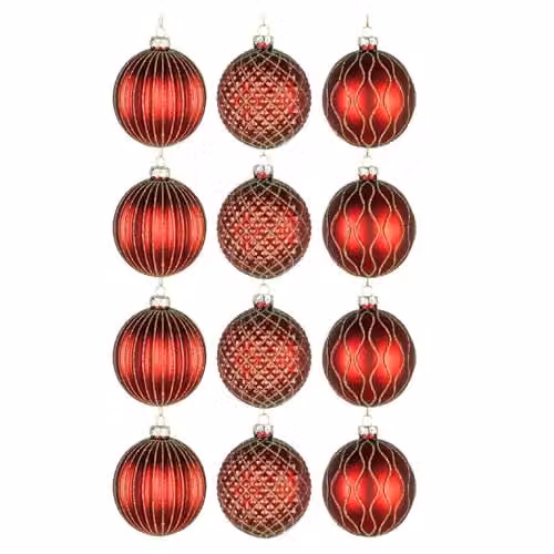 Shatchi Set of 12 Red and Gold Glass Baubles, 8 cm Round Hanging Christmas Ornaments