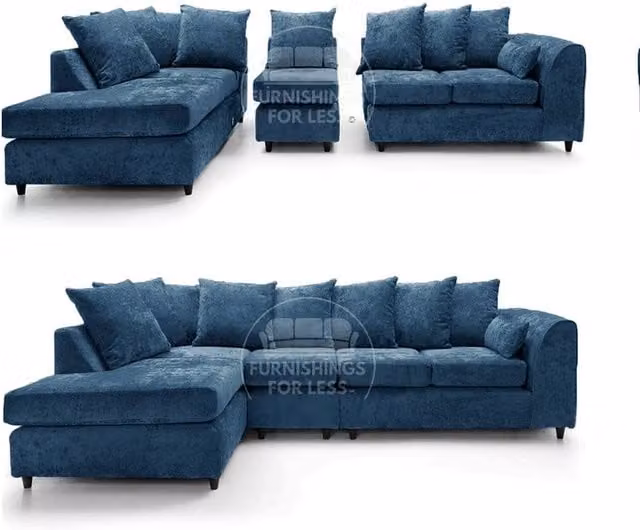 Furnishings For Less UK Monaco Blue Chenille Fabric Large 5 Seater L Shaped Corner Sofa, Left Hand Facing