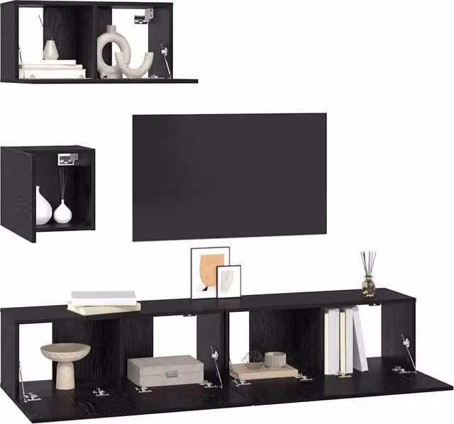 Berkfield Home 4-Piece Modern Black Oak TV Unit Set in Engineered Wood, W/D/H: 80 x 30 x 30 cm – 1