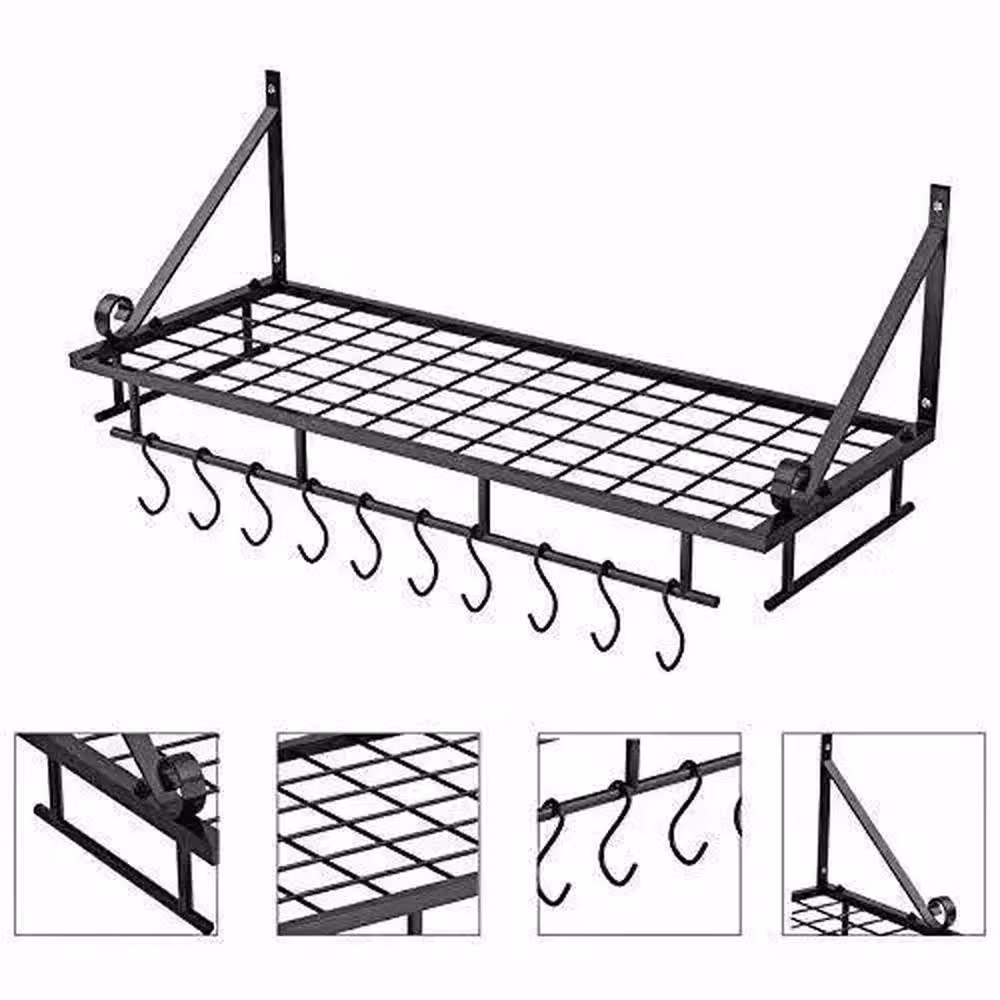 KORVIXA Black Metal Wall Mounted Pot Rack with 10 Hooks, W: 100 cm, D: 15 cm, H: 25 cm – 4