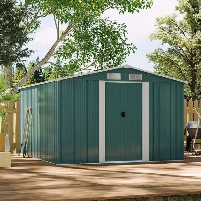 Livingandhome Green Metal Apex Gable Roof Garden Shed with 4 Plastic Roof Vents and Sliding Doors