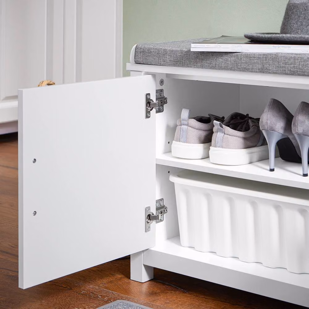 SoBuy Modern Shoe Cabinet Bench with Grey Fabric Cushioned Seat in White – 4