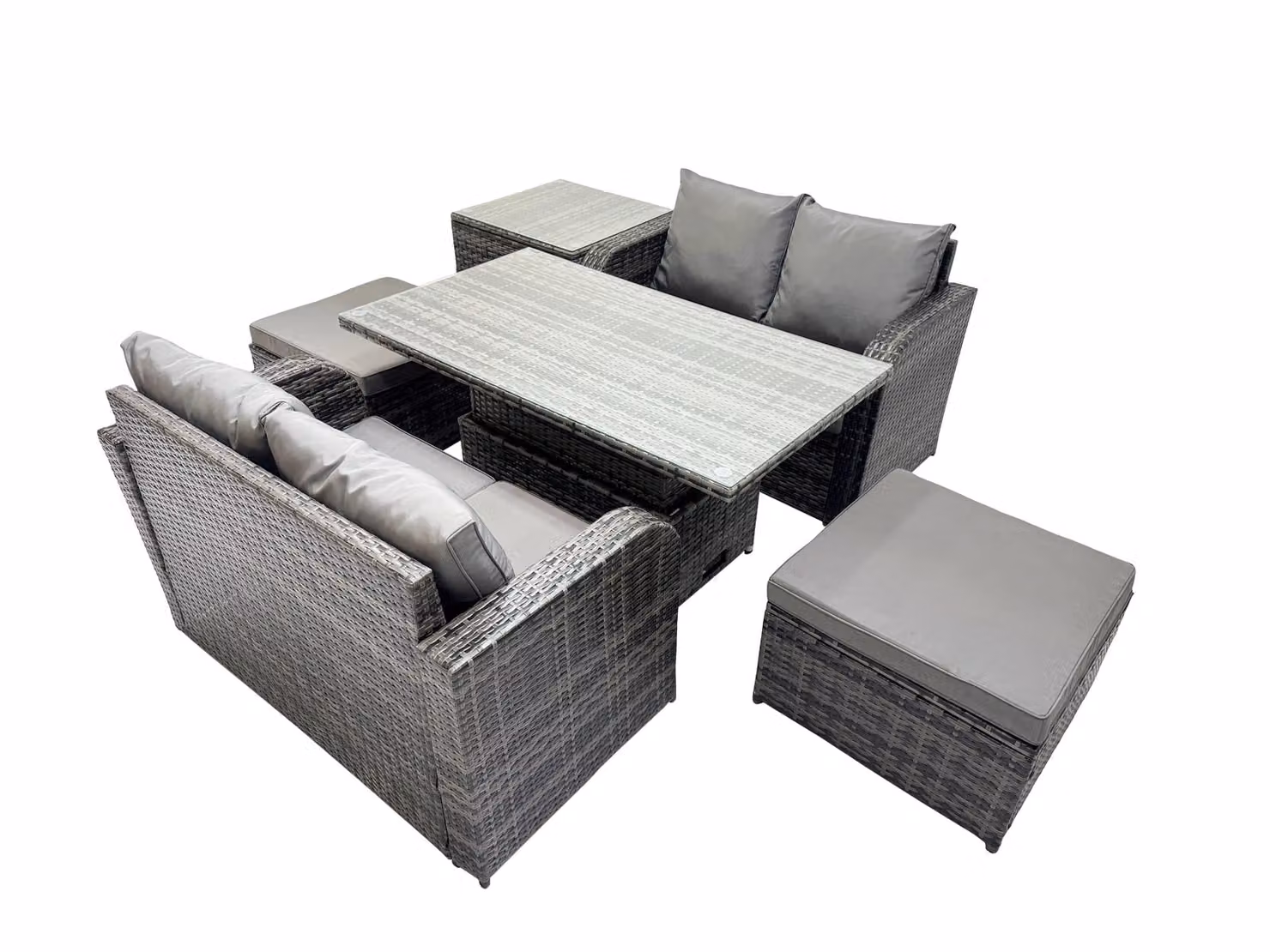 Fimous 6-Seater Rattan Garden Furniture Set in Dark Grey with 2 Large Stools and Side Table – 2