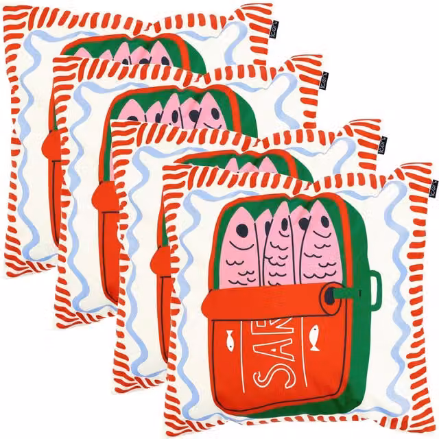 ICON 4 Pack Sardine Print Graphic Square Cushions, Multicolour, W/D/H: 43 x 43 x 43 cm