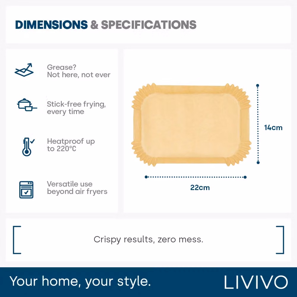 Livivo Disposable Non-Stick Rectangular Air Fryer Liners in Beige, 100 Pieces – 8