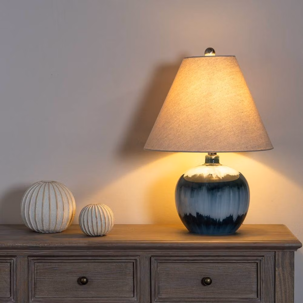 Lemon Pavilion Ocean Shadows Squat Table Lamp with Blue Glass Base and Beige Linen Shade – 2