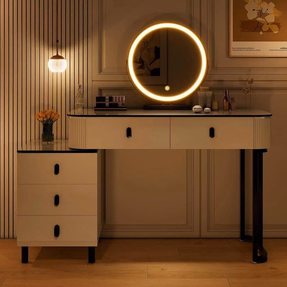 FORGEVIO Modern White Glossy Dressing Table with Dimmable LED Hollywood Mirror – 3