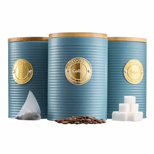 Cooks Professional 3 Piece Ribbed Tea, Coffee and Sugar Canister Set with Airtight Bamboo Lids in Petrol and Gold Stainless Steel